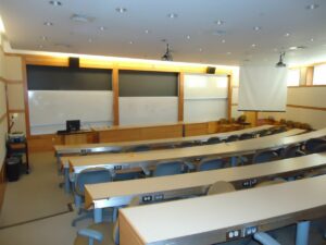 An empty school classroom.